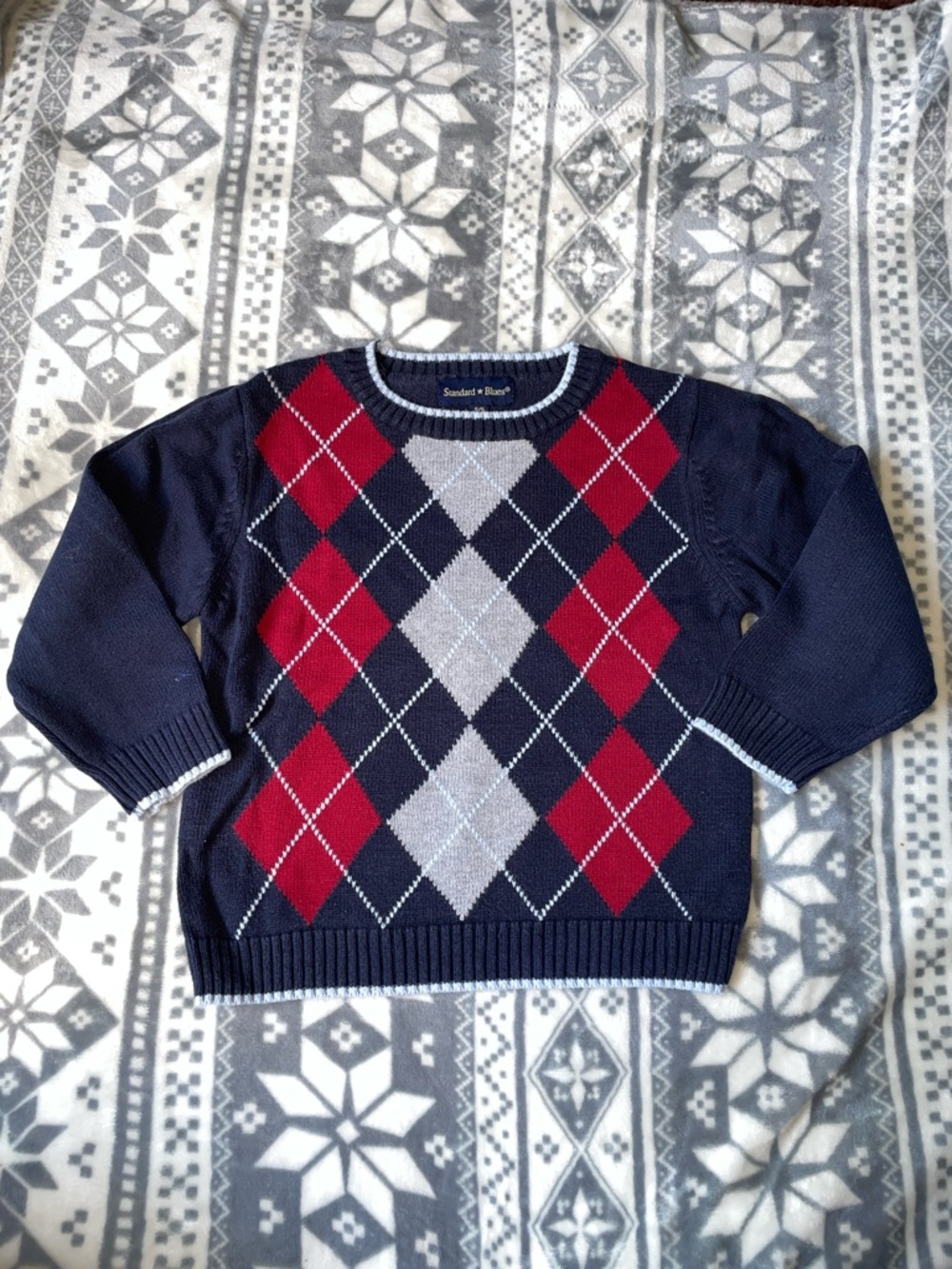 Kids Navy Argyle Pullover Sweater with Red & Gray Diamonds